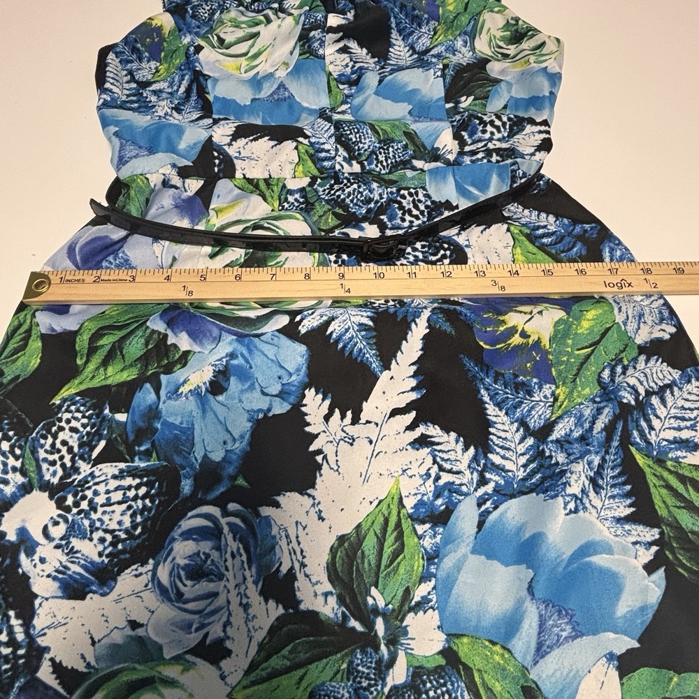 Ellen Tracy Size 6 Blue Green Floral Sheath Dress Sleeveless Belted Lined - Picture 8 of 9